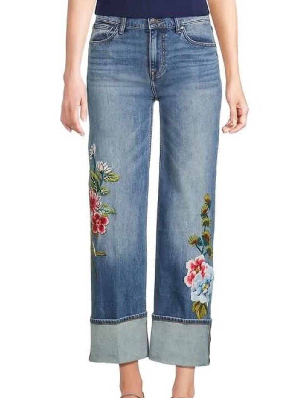 Johnny Was NWT Stretch Denim Floral Embroidered Cuffed Wide Leg Jeans - Size 27
